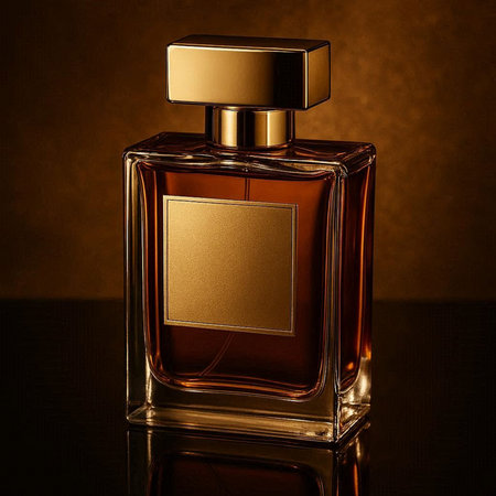 Perfume bottle on a dark background with a gold label.の写真素材