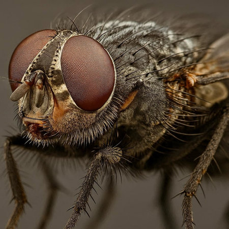 Macro Photography of House Fly Isolated on the Black Background.