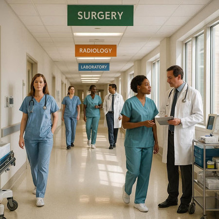 Group of doctors and nurses walking in a hospital corridor with a digital tablet
