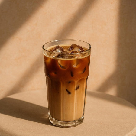 Iced coffee in a tall glass with ice cubes on a beige background