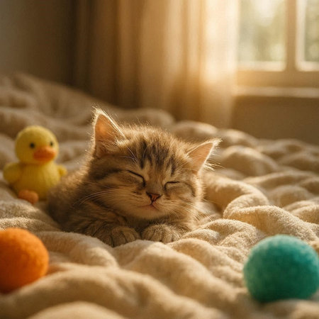 Cute tabby kitten sleeping on soft blanket with toy ducks.