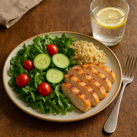 Grilled chicken breast with salad and glass of water on wooden background