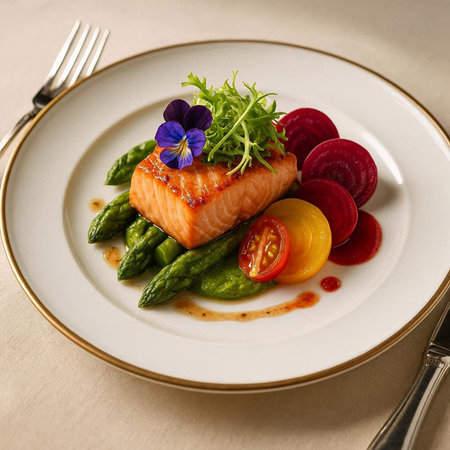 Salmon fillet with asparagus and vegetables on white plate