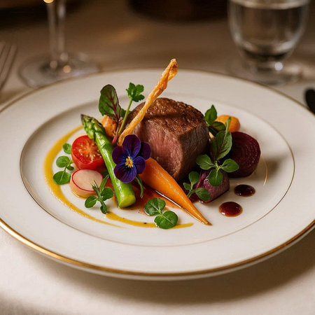 Beef tenderloin with vegetables on a white plate in a restaurant