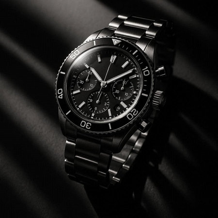 Wristwatch on a black background. Black and white photo.