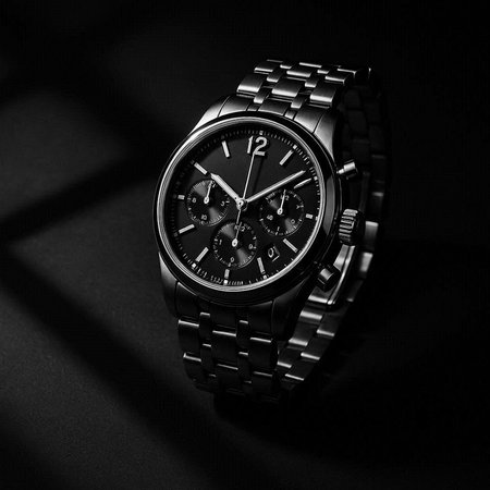 Men's wrist watch on a black background. Black and white photo.