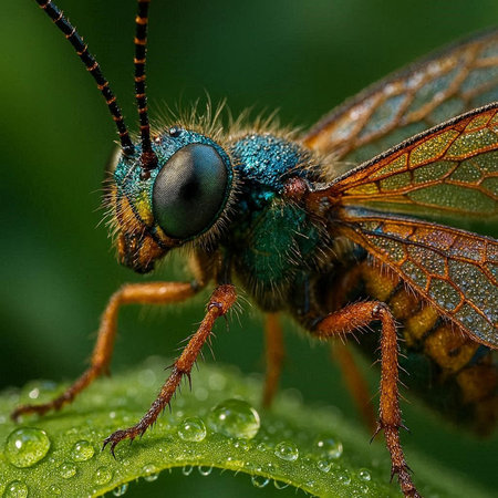Macro photo of a bee on a green leaf with dew drops