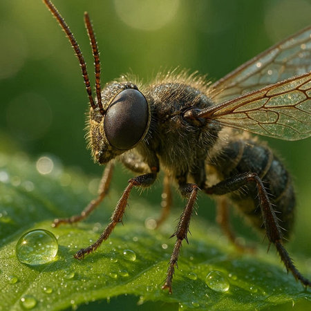 A closeup shot of a bee on a green leaf with water dropsの写真素材