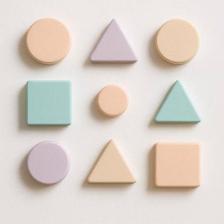 Colorful geometric shapes on a white background. Flat lay, top view.
