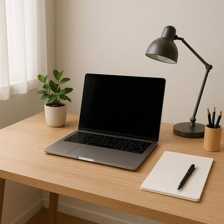Workplace with blank screen laptop, notebook and pen on wooden table in office