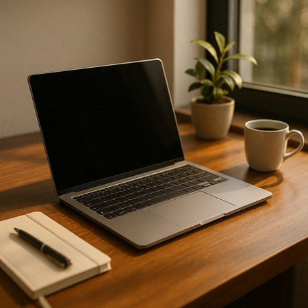 Laptop with blank screen on wooden table with coffee cup and notebook