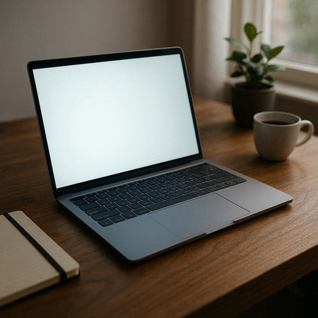 Laptop with blank screen on a wooden table in a home office