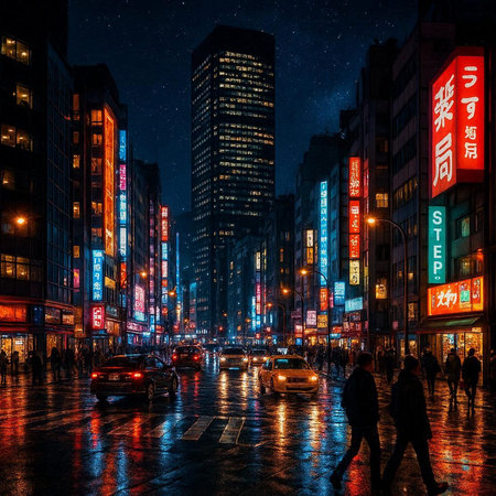 Street view of a city district at night.