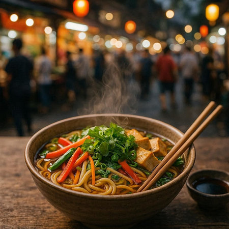 Asian noodles with tofu and vegetables in a bowl on a wooden table
