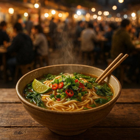 Asian style noodle soup in bowl with chopsticks on wooden table