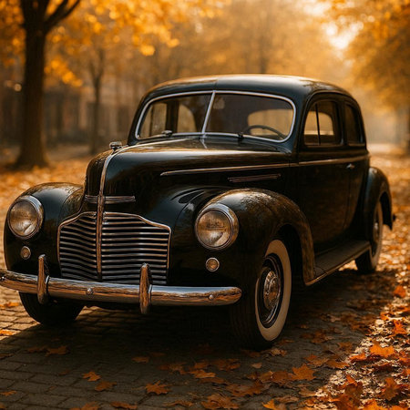 Vintage car in the autumn park. Retro car on the road.