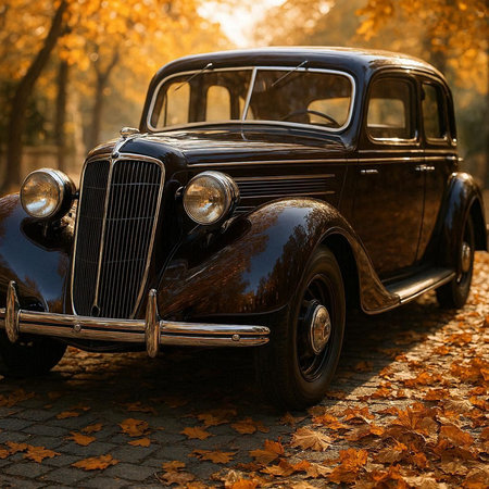 Vintage car on the background of autumn leaves. Retro car.