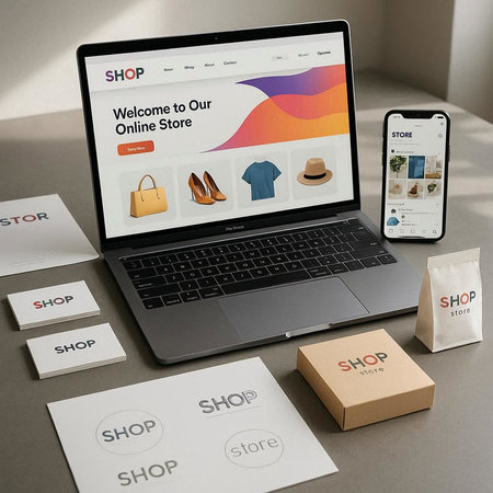 Illustration of shopping online on laptop with sale tags on the screen