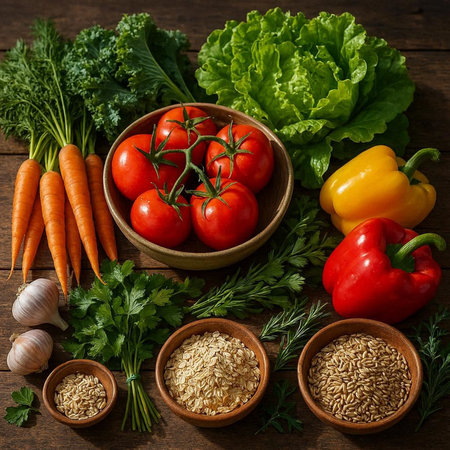 Fresh vegetables on wooden background. Healthy food concept. Top view.