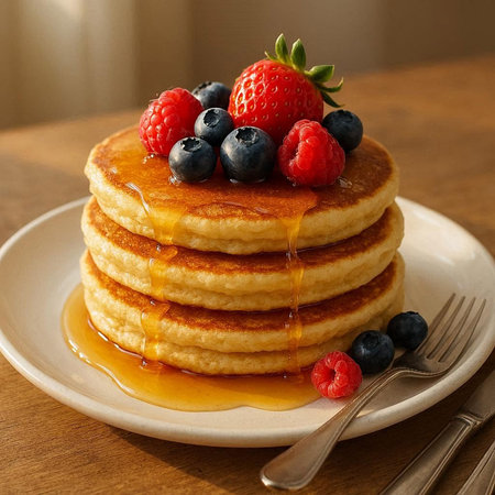 Pancakes with fresh berries and maple syrup on a wooden table
