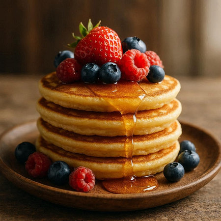 Pancakes with fresh berries and maple syrup on a wooden backgroundの写真素材