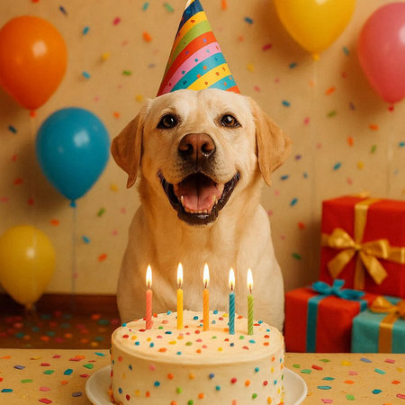 a yellow labrador retriever puppy with a birthday cake and balloons