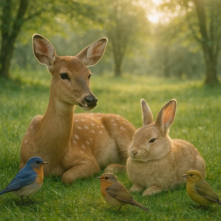 Fawns with a small chick and a roe deer.