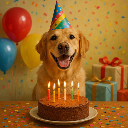 Cute Golden Retriever puppy with birthday cake and candles.