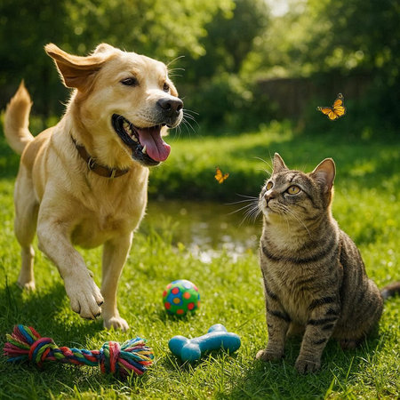 Cat and dog playing with toys in the park. Selective focus.