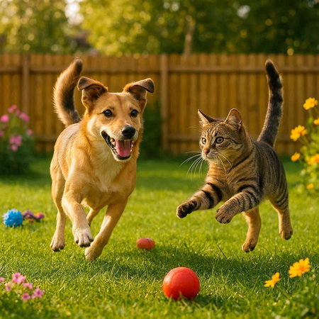 Dog and cat playing with red ball on green grass in garden.の写真素材