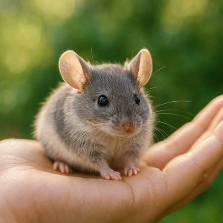 Small gray rat in the hands of a child on a green background