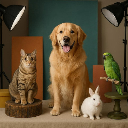 Golden Retriever, cat, and green parrot.