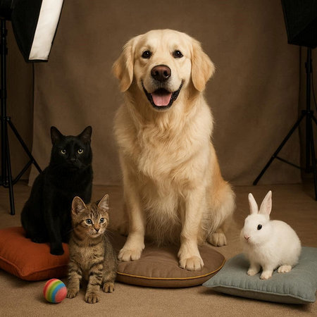 Golden Retriever, cat and rabbit in studio on brown background