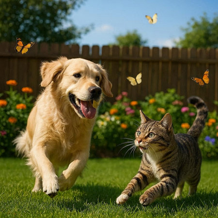 Golden Retriever and tabby cat playing together in the garden.の写真素材