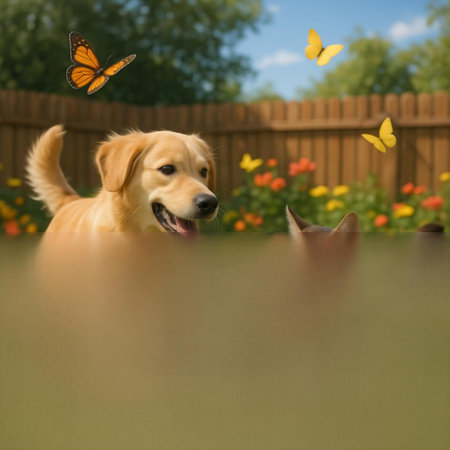 Golden Retriever and a butterfly in a garden. Selective focus.
