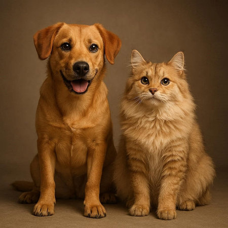 Studio shot of a mixed breed cat and dog sitting together on brown background.