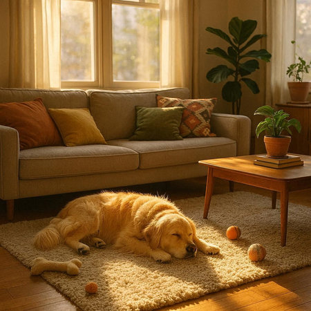 Golden retriever dog sleeping on carpet in cozy living room. Cozy home interior.の写真素材