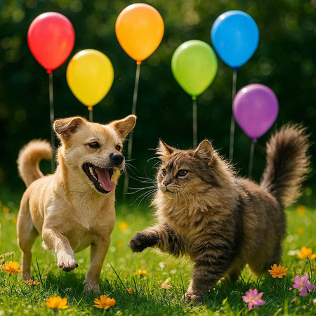 Cute cat and dog playing with colorful balloons in the garden.の写真素材
