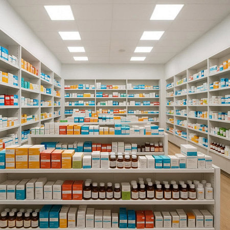 Pharmacy drugstore interior with shelves and rows of medicine bottles