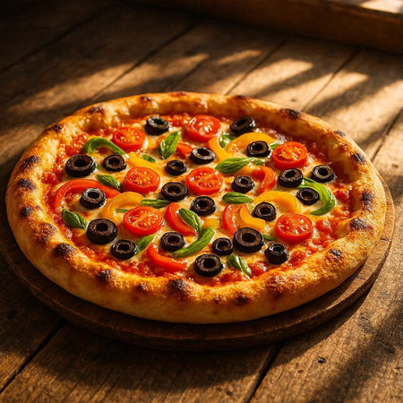 Pizza with tomatoes and olives on wooden table. Toned.の写真素材