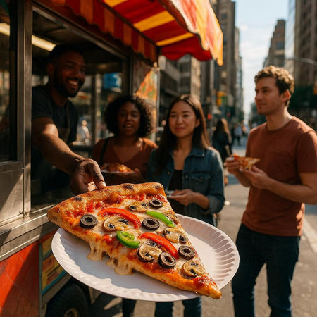 Group of friends eating pizza on the street in New York City.