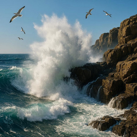 Beautiful seascape with waves crashing on rocks and seagulls