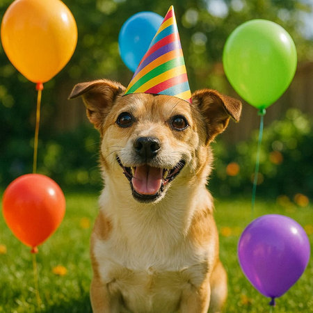 Funny dog in birthday hat with balloons on green grass background.