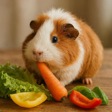 guinea pig with carrot and salad on wooden table, closeup