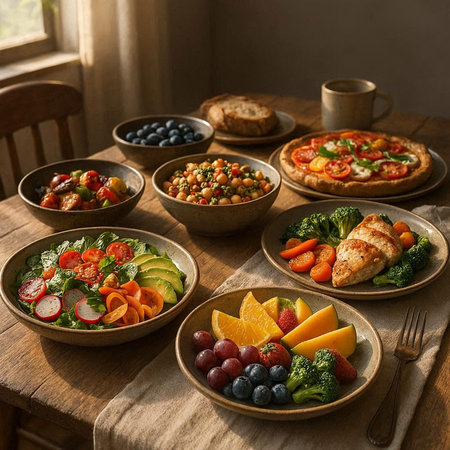 Healthy food for breakfast. Fresh vegetables, fruits and bread on wooden table