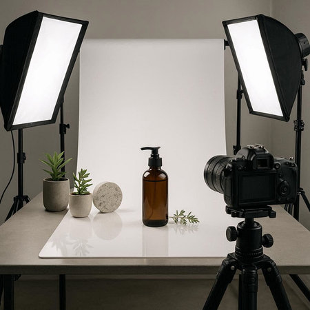 Interior of modern photo studio with professional equipment and blank canvas on the table