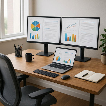 Workplace with personal computer and documents on the table at home office