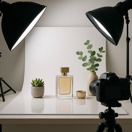 Interior of modern photo studio with professional lighting equipment and green plants