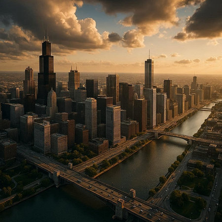 Chicago skyline at sunset with bridge and skyscrapers. 3d rendering
