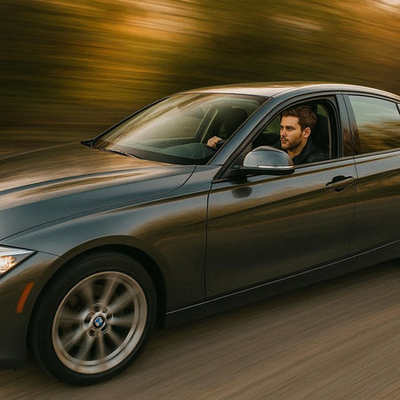 Man driving a car on the road in motion blur.